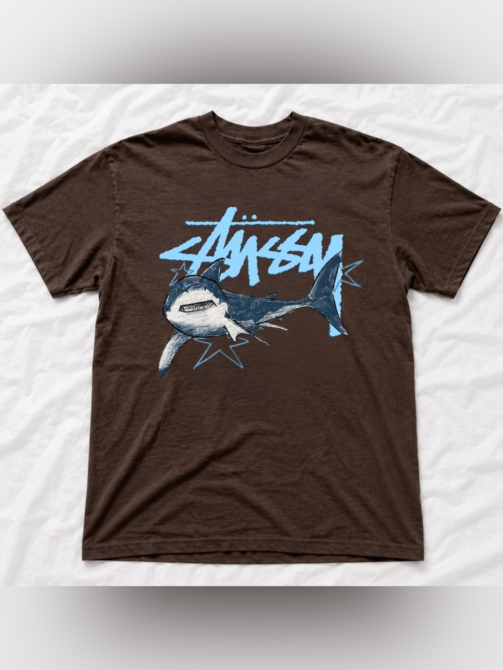 Stussy Shark Dark Brown Tee with Vintage Blue Fish Graphic